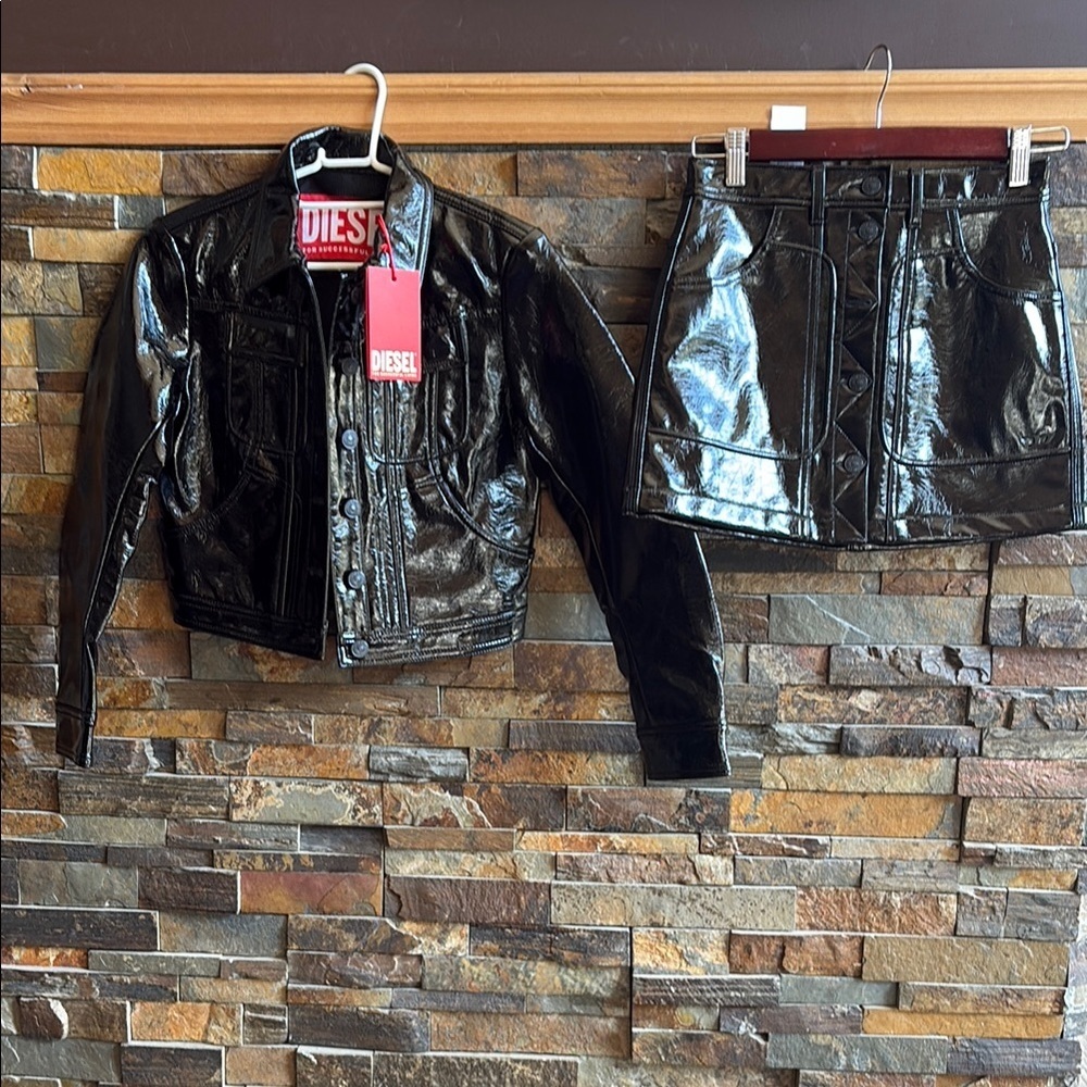 Diesel Kids Girls Glossy Black Jacket and Skirt Set